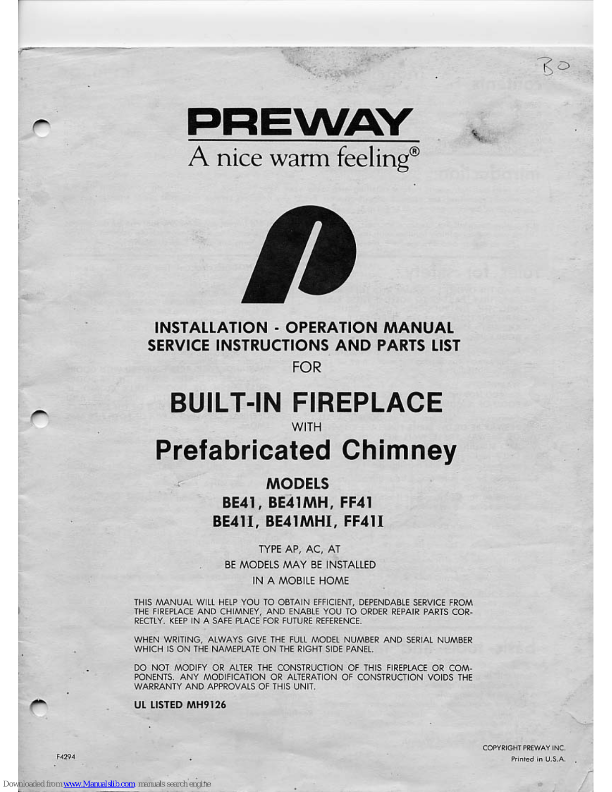 Preway BE41, BE41I, BE41MH, BE41MHI, FF41I Installation And Operation Manual