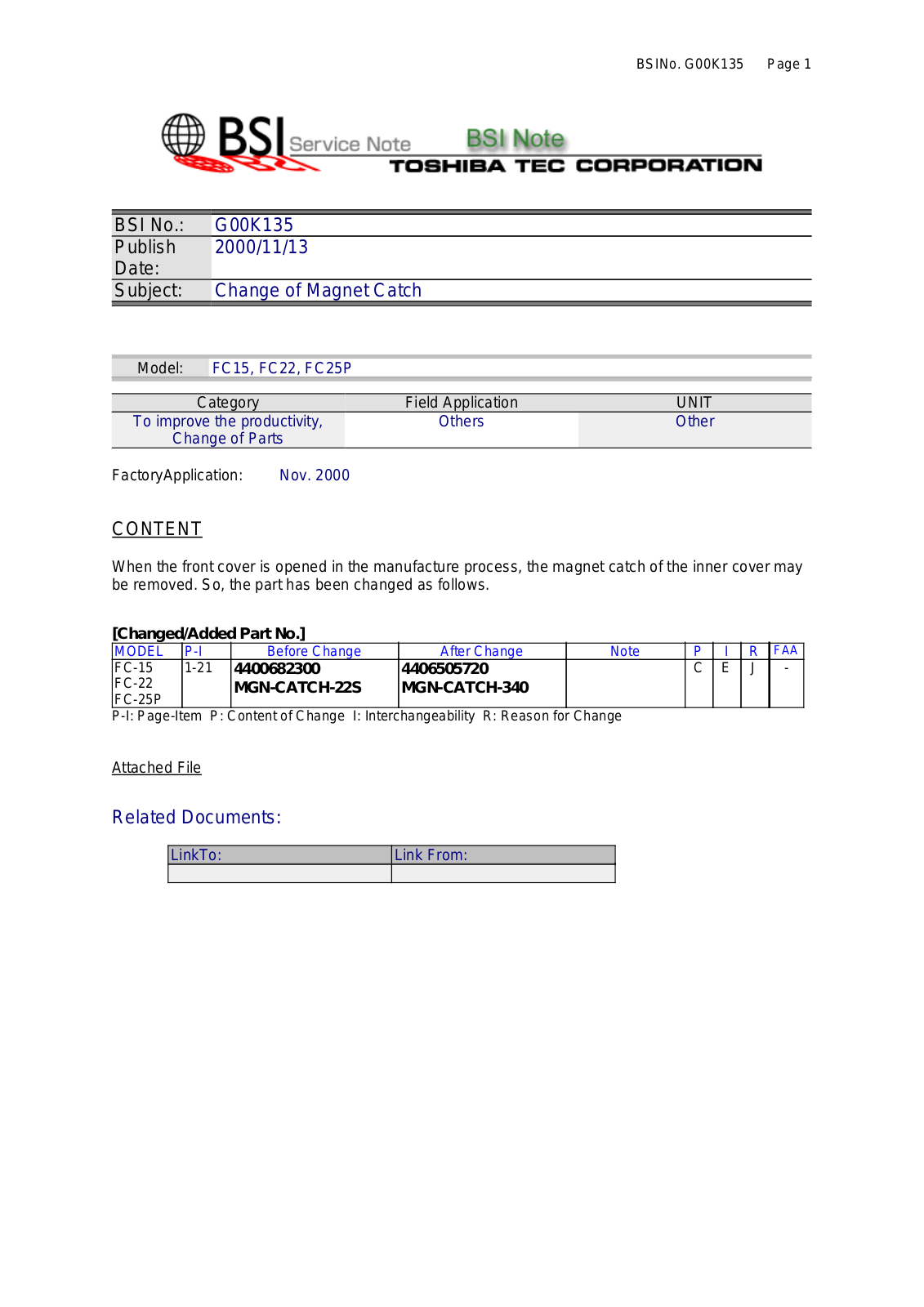 Toshiba G00K135 Service Note