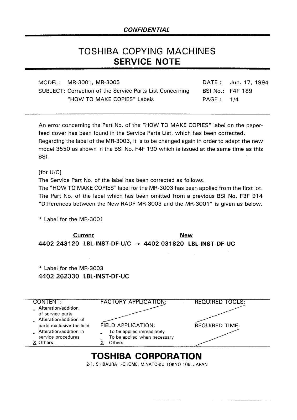 Toshiba f4f189 Service Note