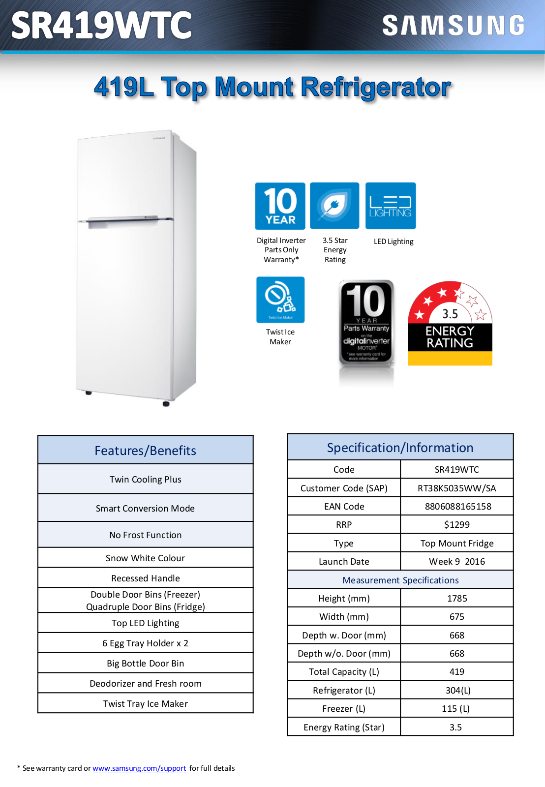 Samsung SR419WTC Specifications Sheet - ManualMachine.com