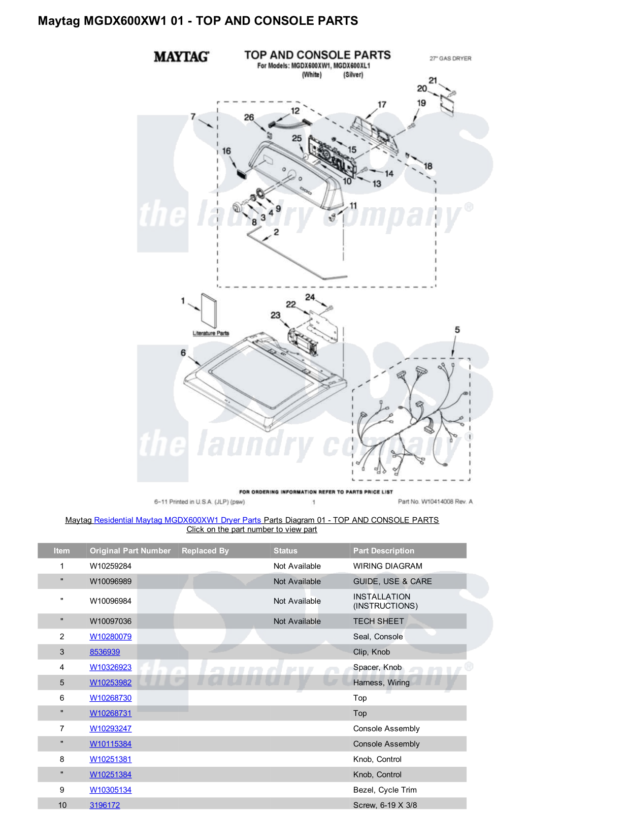 Maytag MGDX600XW1 Parts Diagram