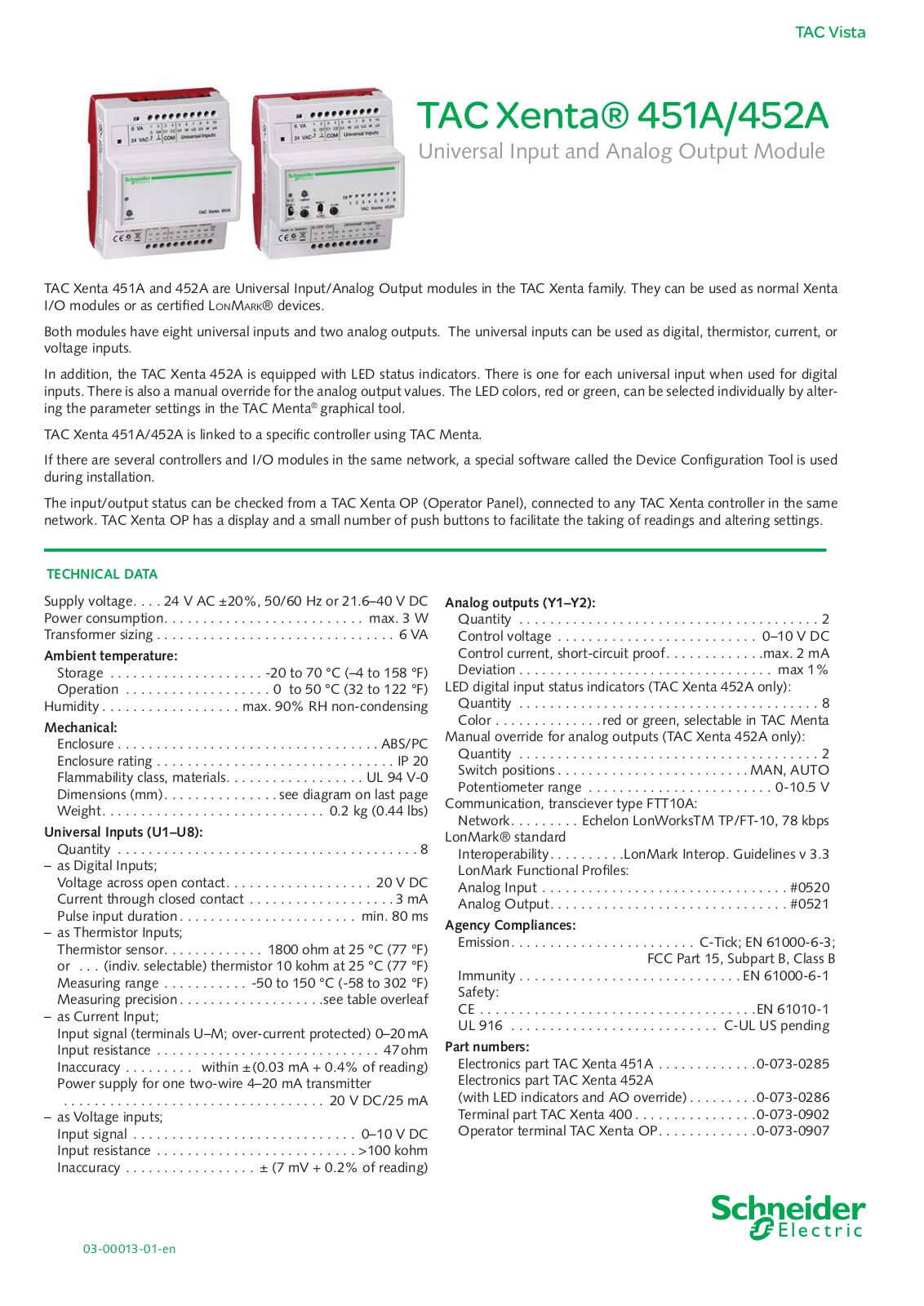 Schneider Electric TAC Xenta 451A, TAC Xenta 452A Data Sheet