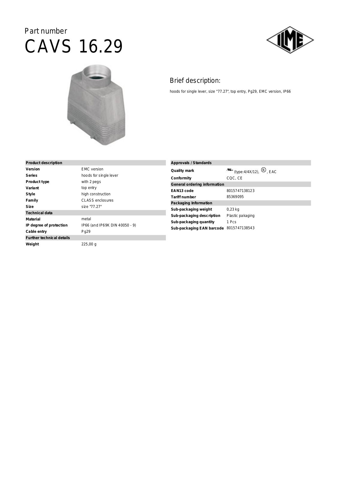 ILME CAVS-16.29 Data Sheet