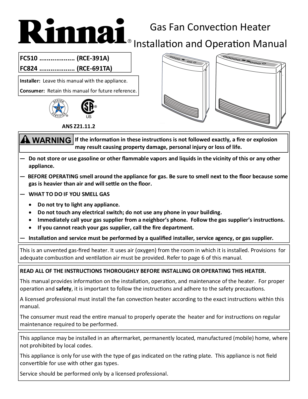 Rinnai Rice Cooker FC510 (RCE-391A), FC824 (RCE-691TA) Installation  Manual