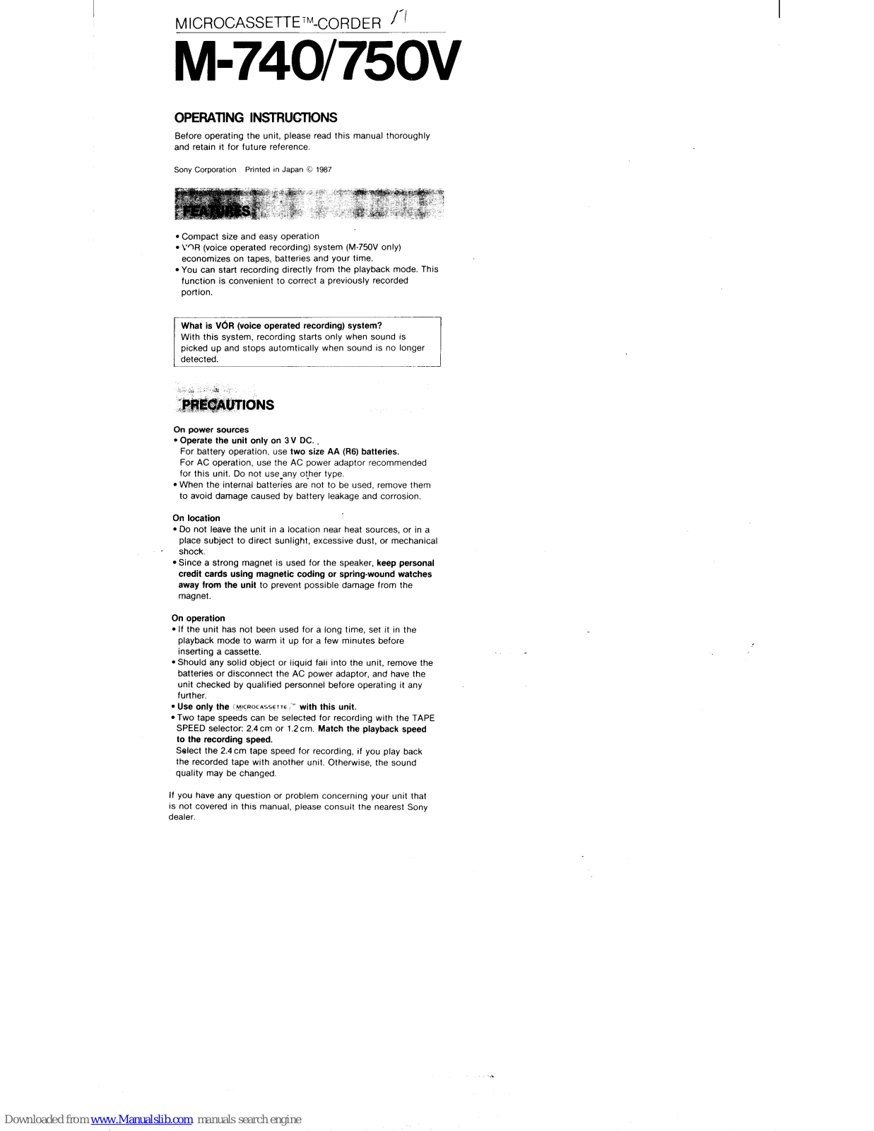 Sony M-750V Primary, M-740, M-740V Operating Instructions Manual