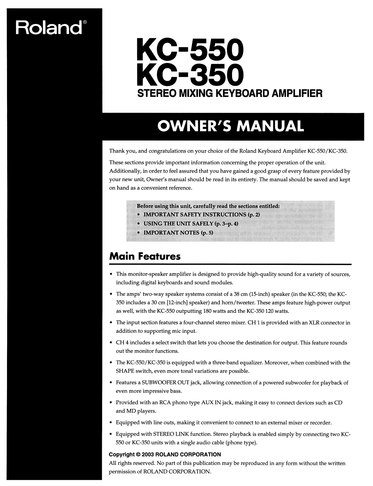 Roland Corporation KC-350, KC-550 Owner's Manual