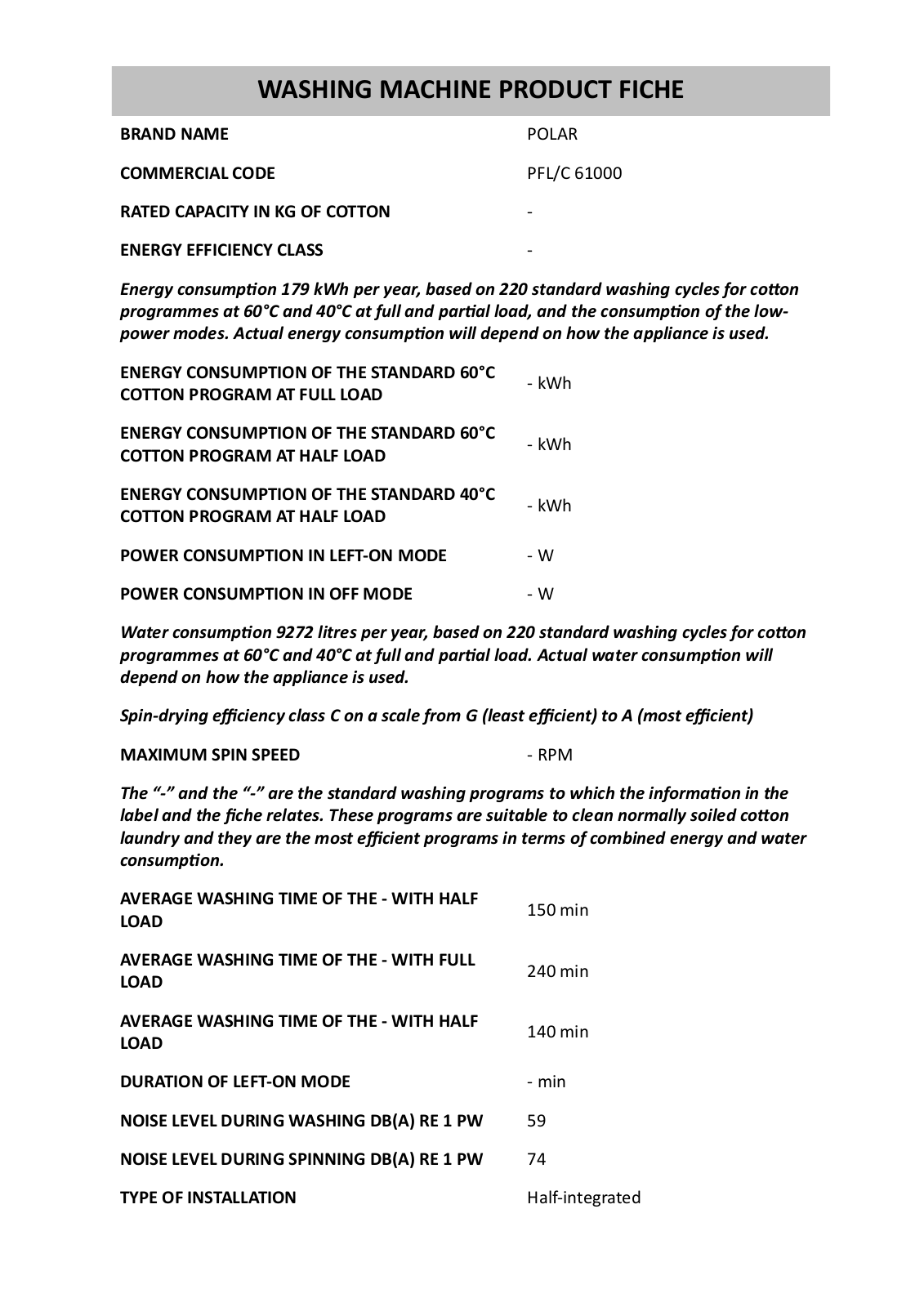 Whirlpool PFL/C 61000 Product Sheet