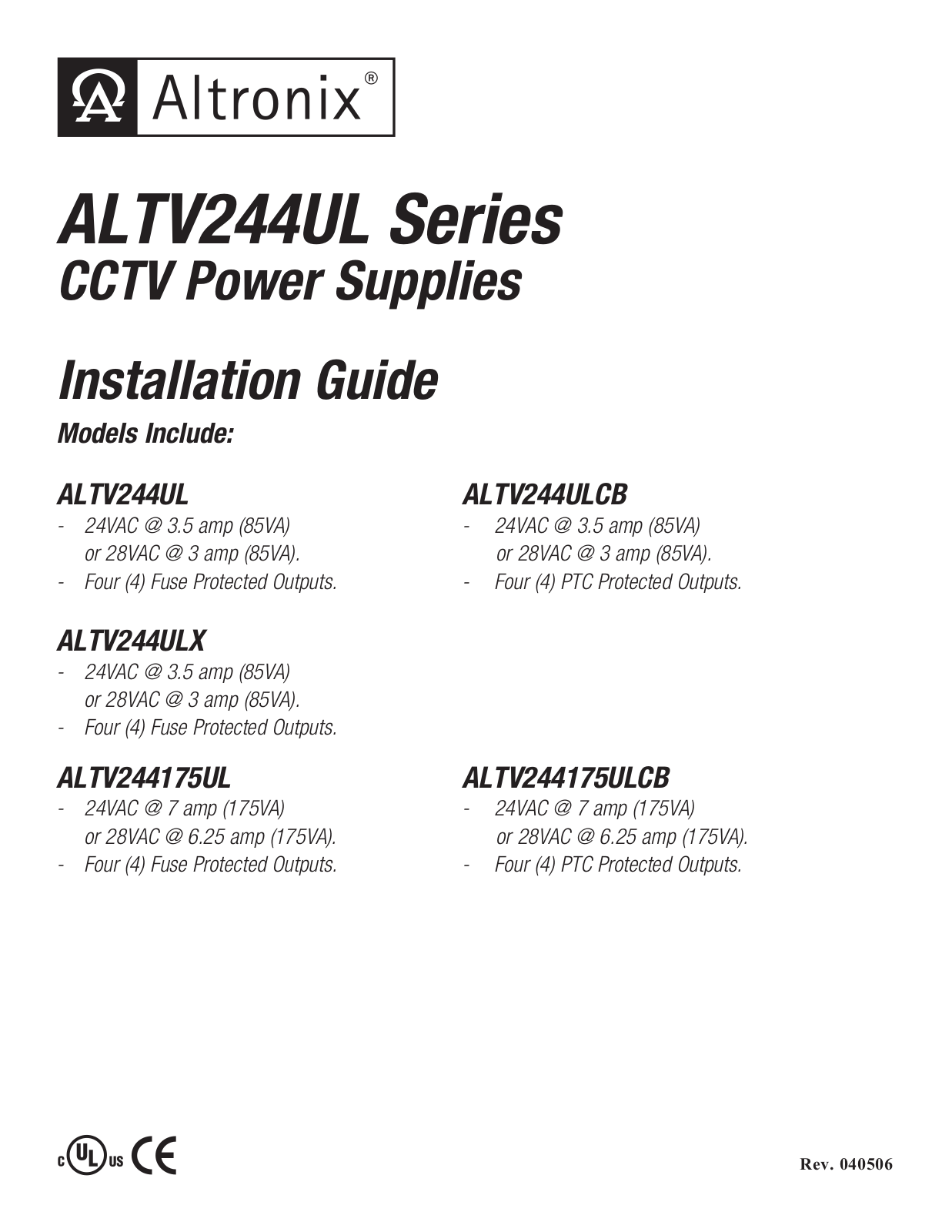 Altronix ALTV244175ULCB Installation Manual