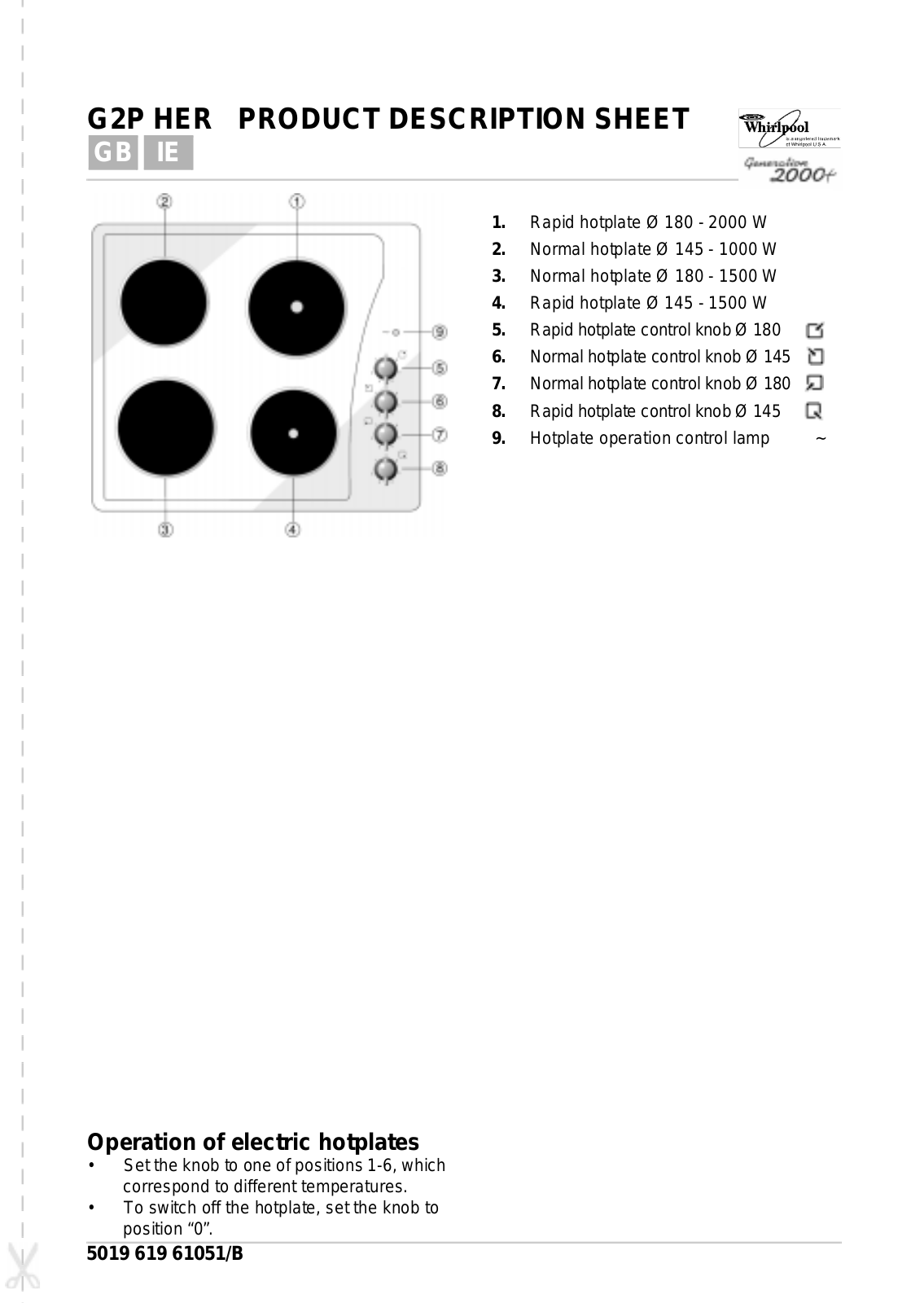 Whirlpool GKA 2103 OPTIMA, G2P HER/BK, G2P HER/GR, G2P HER/WH Product Sheet