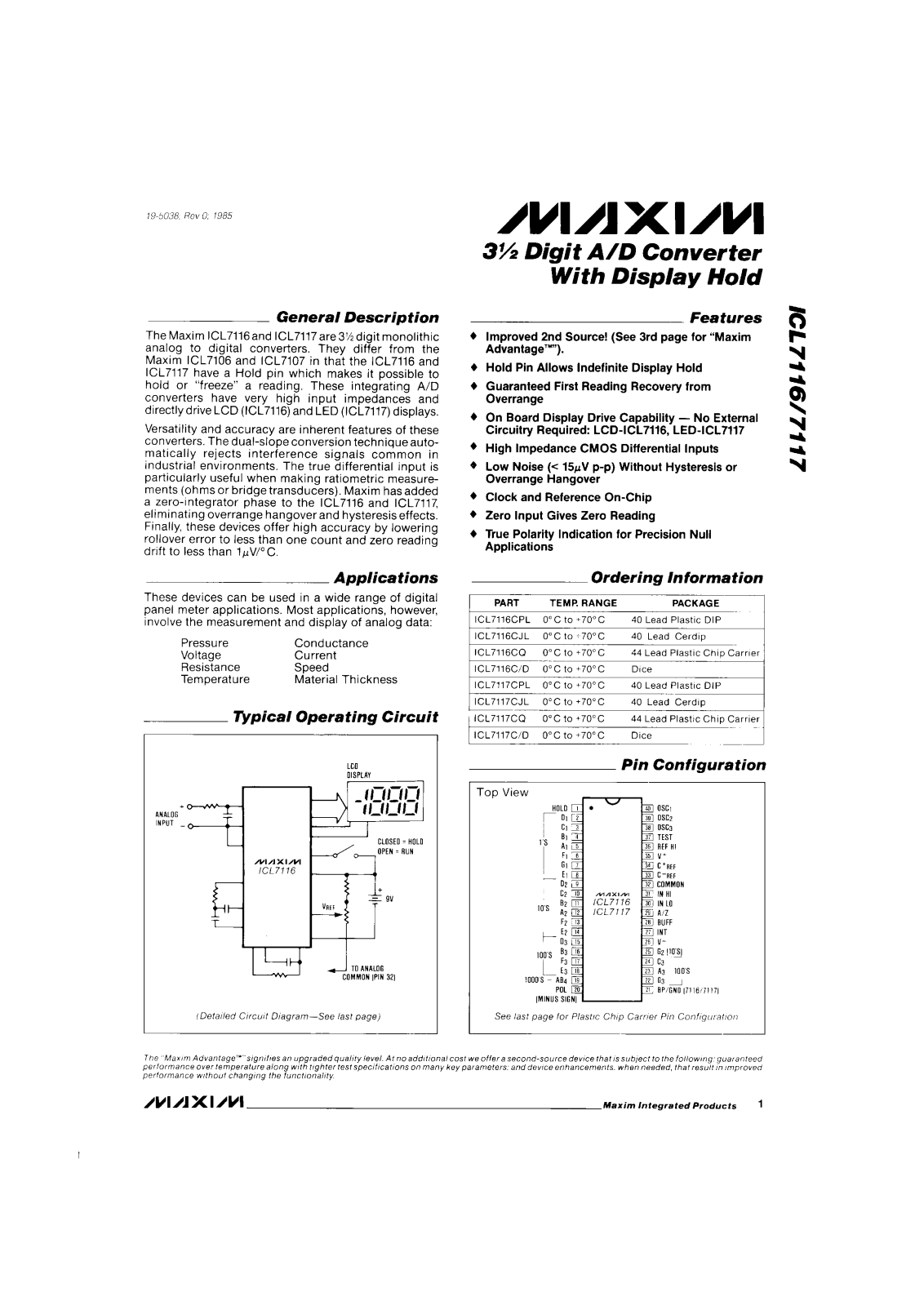 Maxim Integrated Producs ICL7116CD, ICL7116CJL, ICL7116CPL, ICL7116CQ, ICL7117CD Datasheet