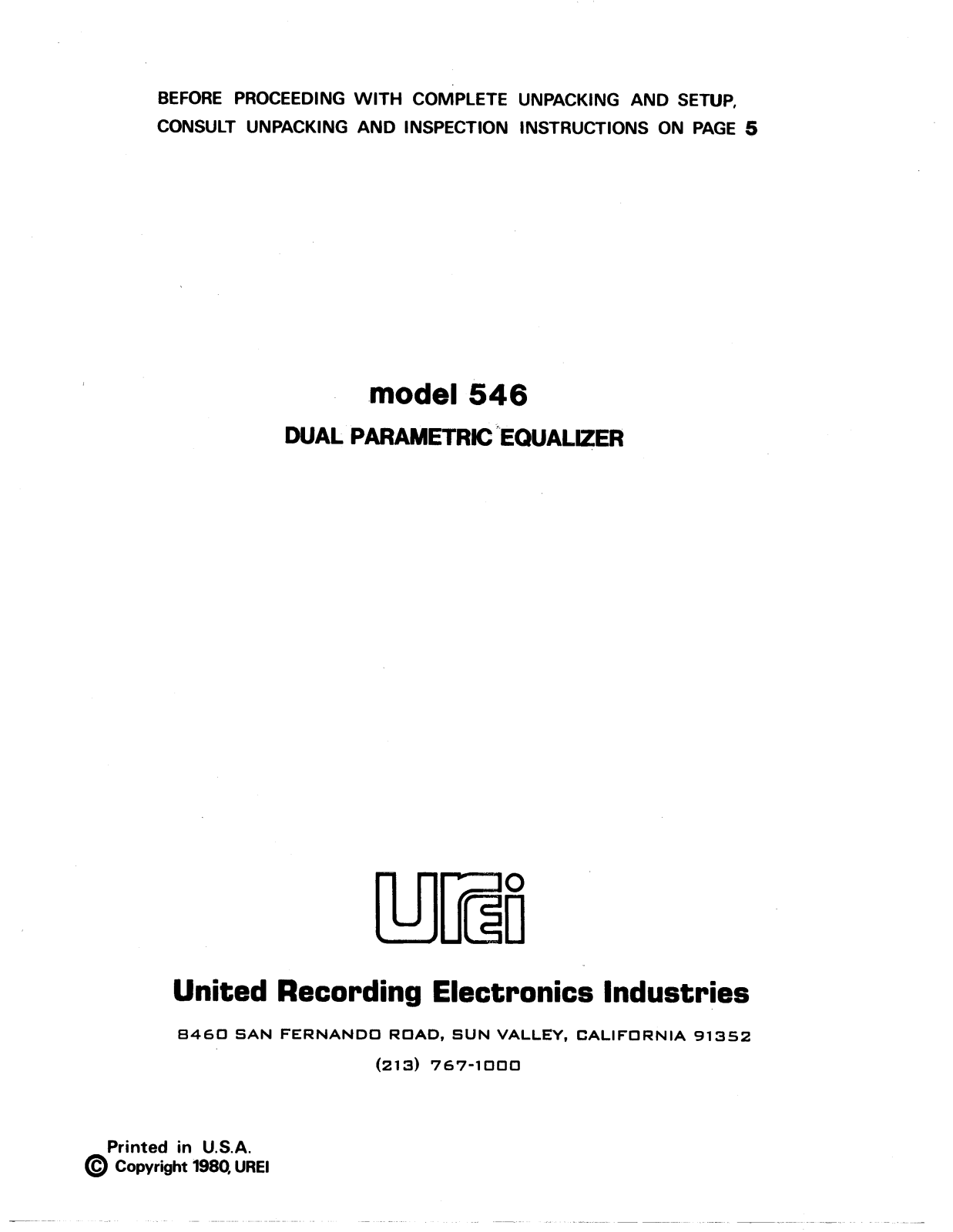 JBL UREI 546 User Manual