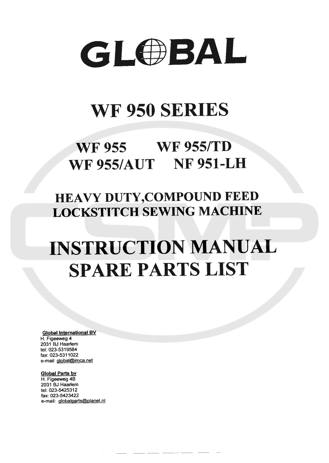 Global WF 955 AUT, WF 955 WF, WF 955/TD, NF 951-LH, 955/AUT Parts Book