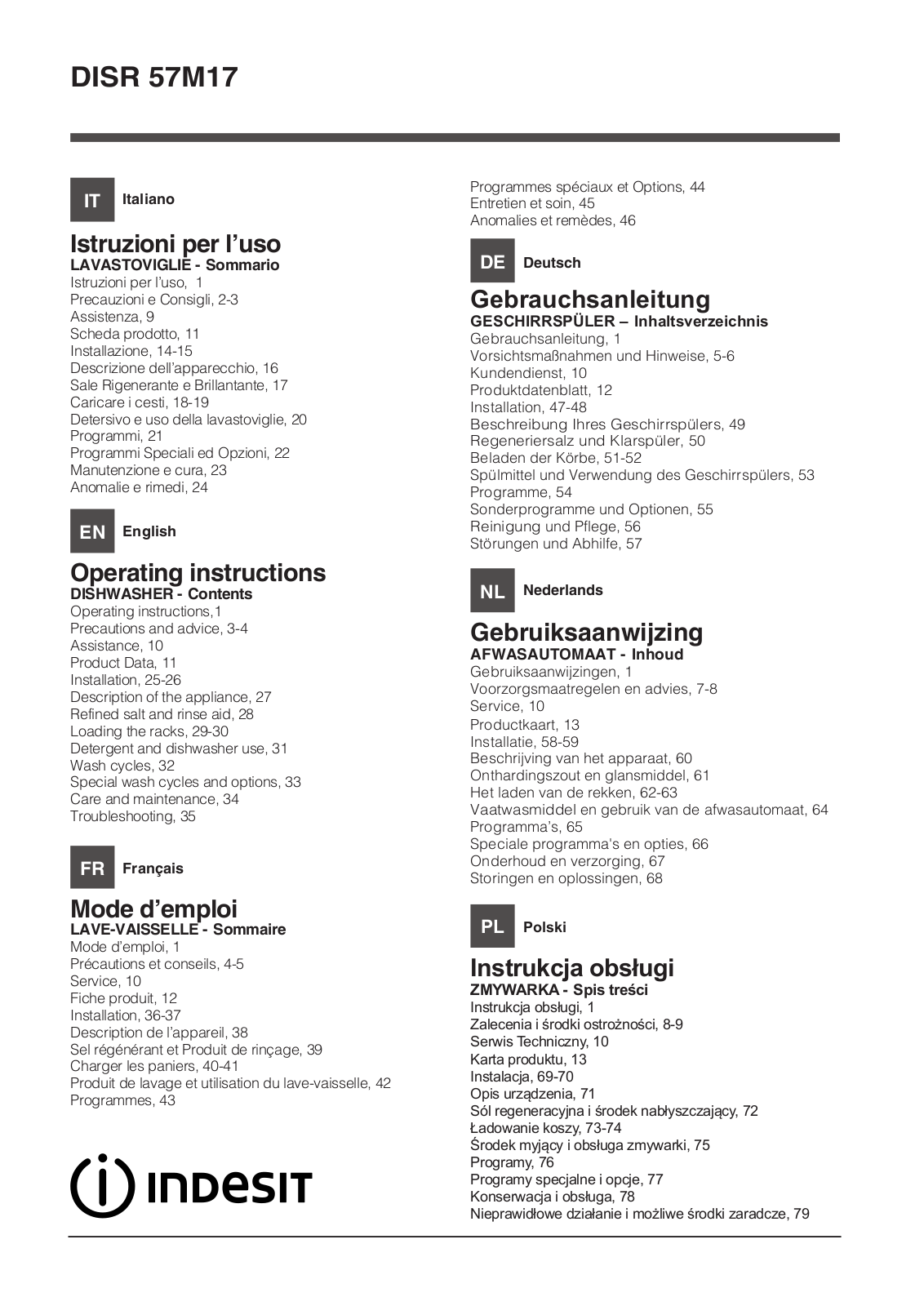 INDESIT DISR 57M17 CAL EU User Manual