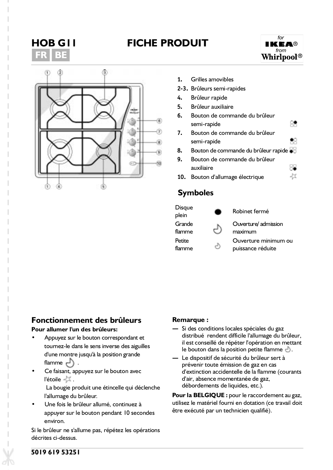 Whirlpool HOB G11 PRODUCT SHEET