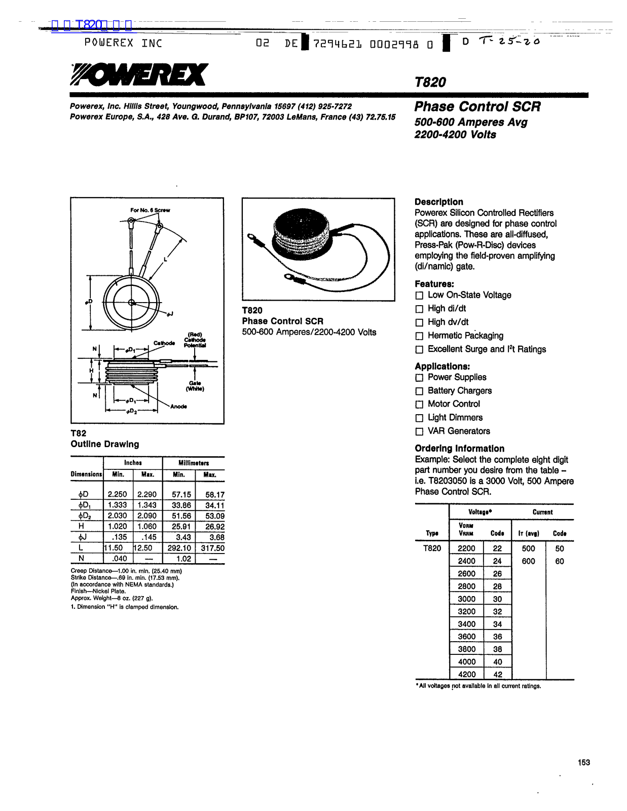 POWEREX T820 Technical data