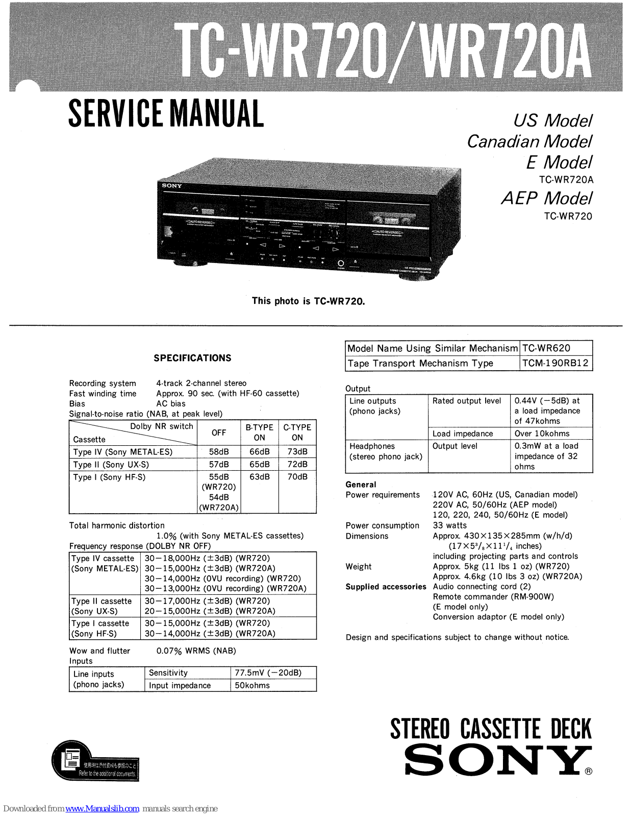 Sony TC-WR720A - Dual Cassette Deck, TC-WR720 Service Manual