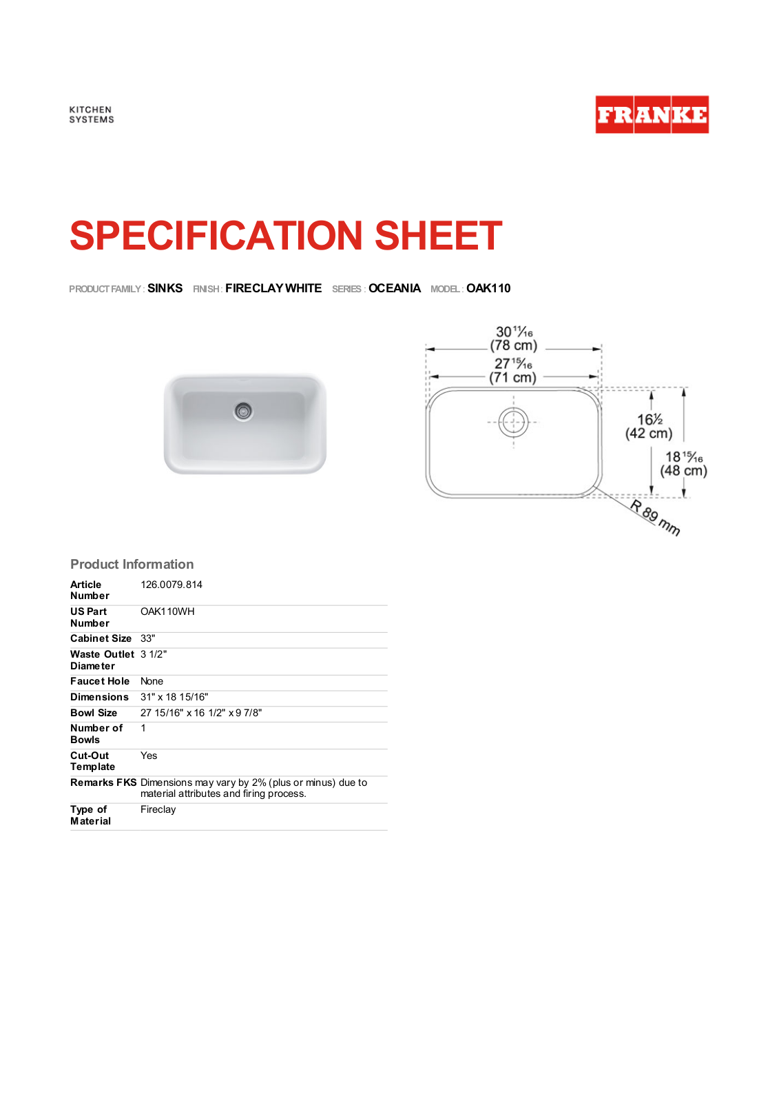 Franke Foodservice OAK110 User Manual