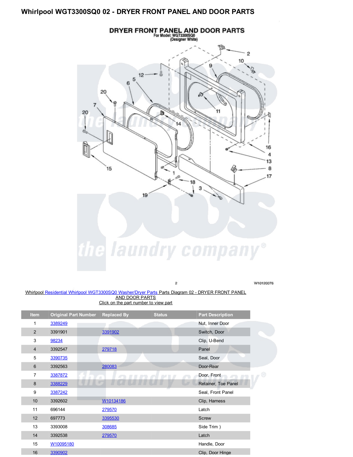 Whirlpool WGT3300SQ0/Dryer Parts Diagram