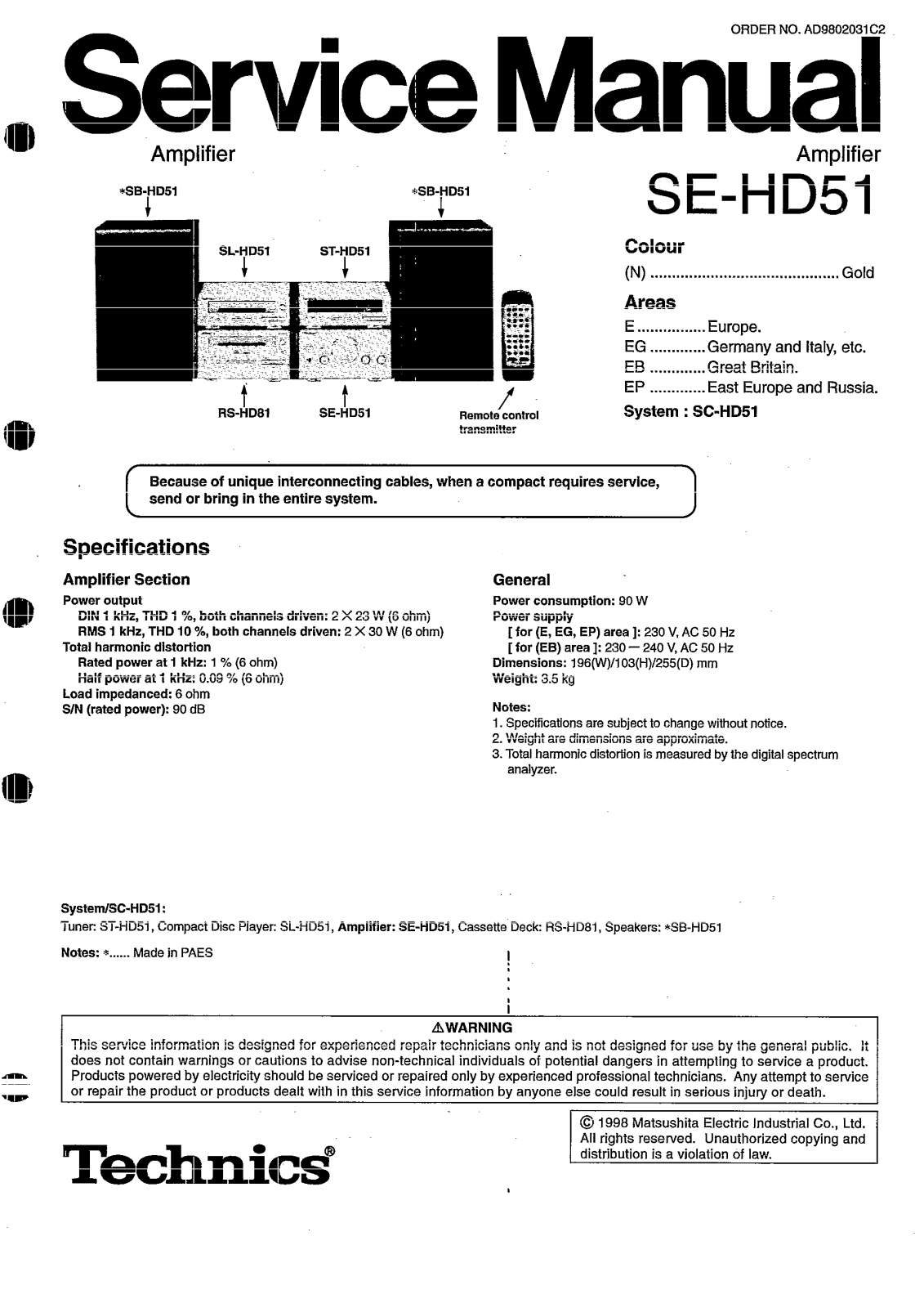 Technics SE-HD51 Service Manual