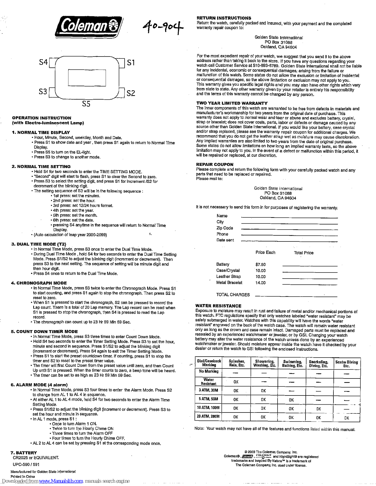 Coleman 40-904, UPC-590, UPC-591 Operating Instructions Manual