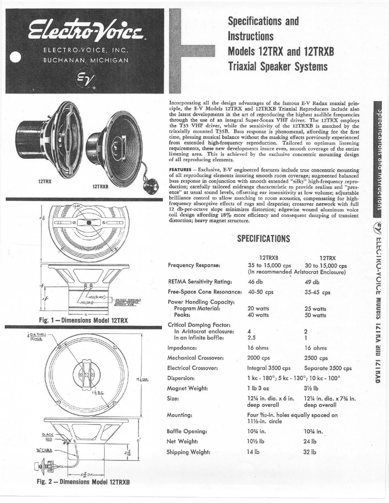 Electro-voice 12TRXB, 12TRX specification and instructions