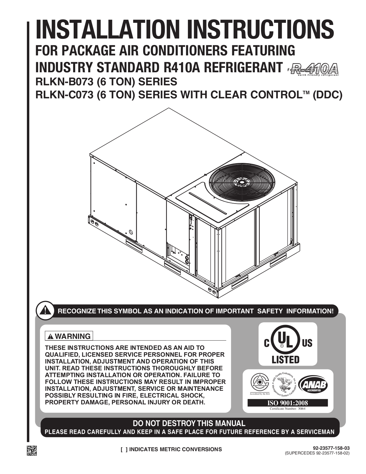 Rheem RLKN-B073 Series, RLKN-C073 Series, RLKN-B073CL, RLKN-B073DL, RLKN-B073CM Installation Instructions Manual