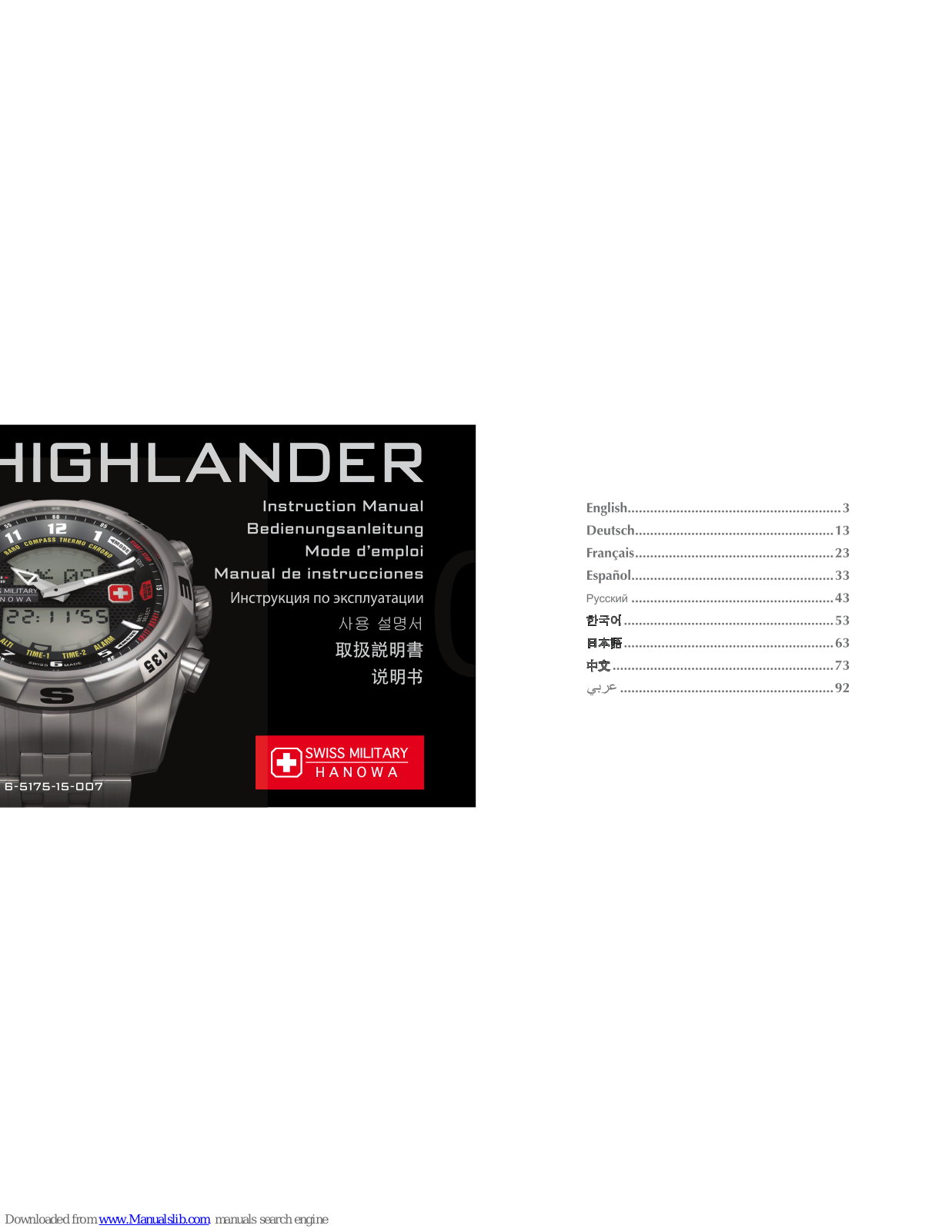 Hanowa Highlander, Swiss Military Highlander Instruction Manual