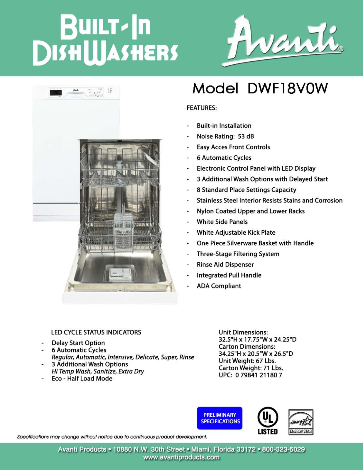 Avanti DWF18V0W Specification Sheet