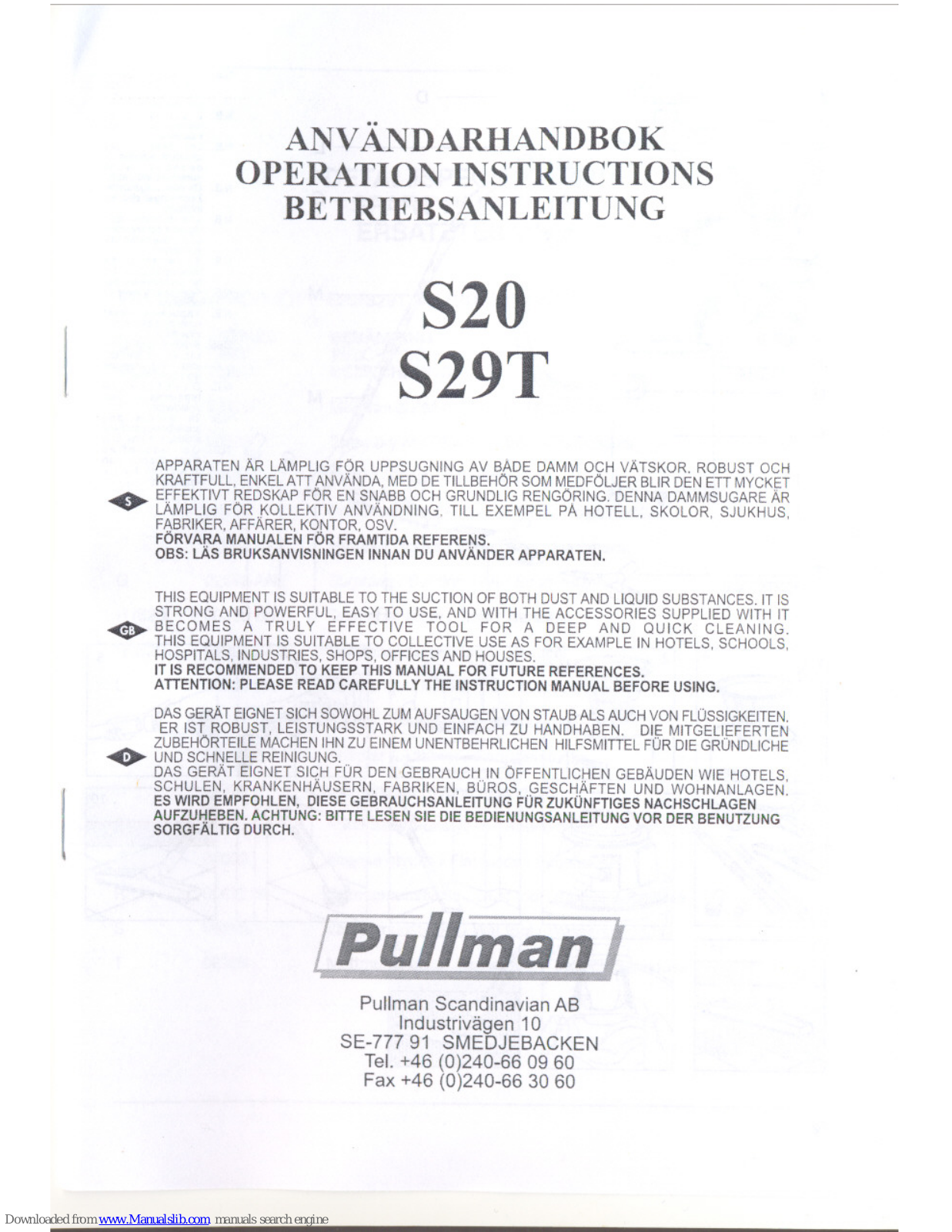 Pullman S20, S29T Operation Instructions Manual - ManualMachine.com