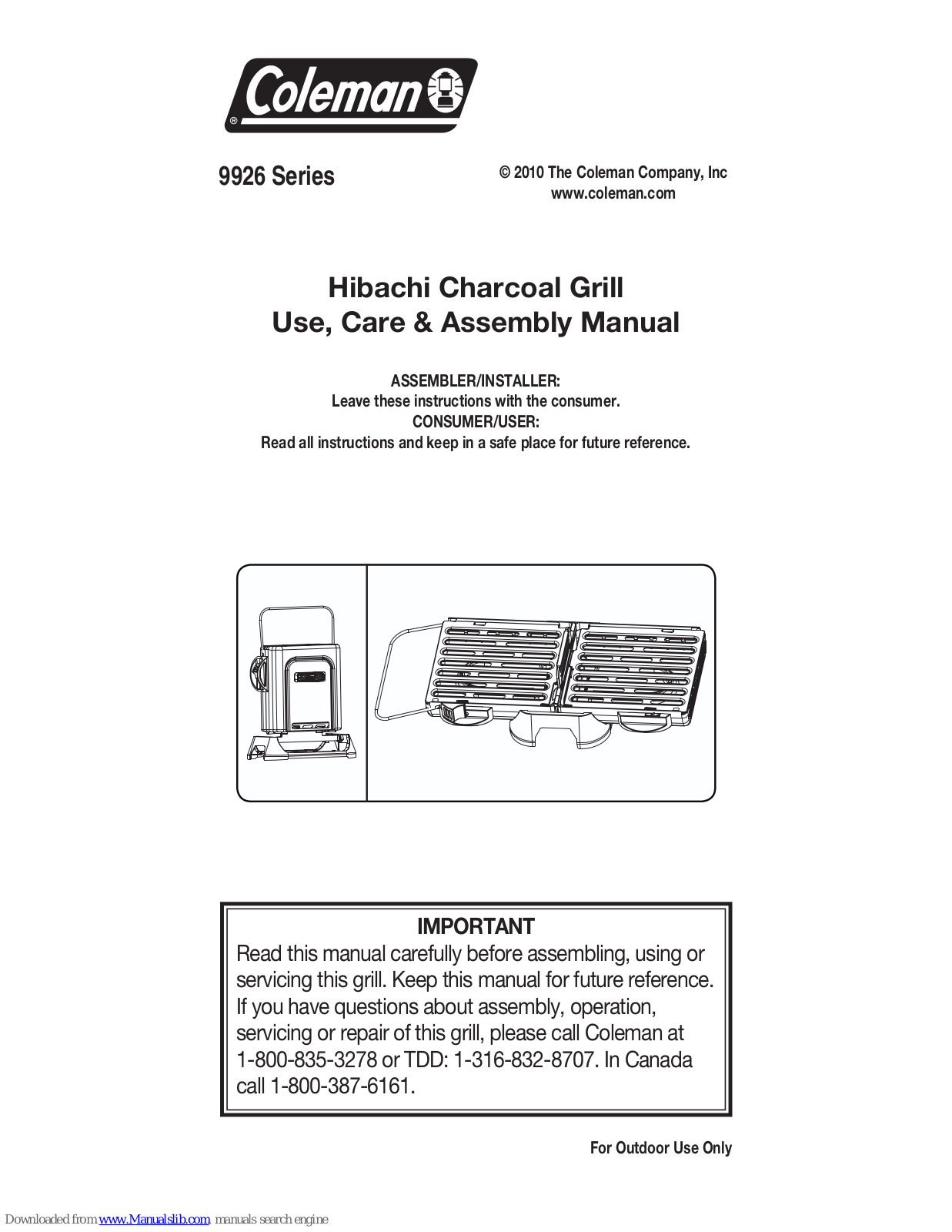 Coleman 9926 Series Use, Care & Assembly Manual