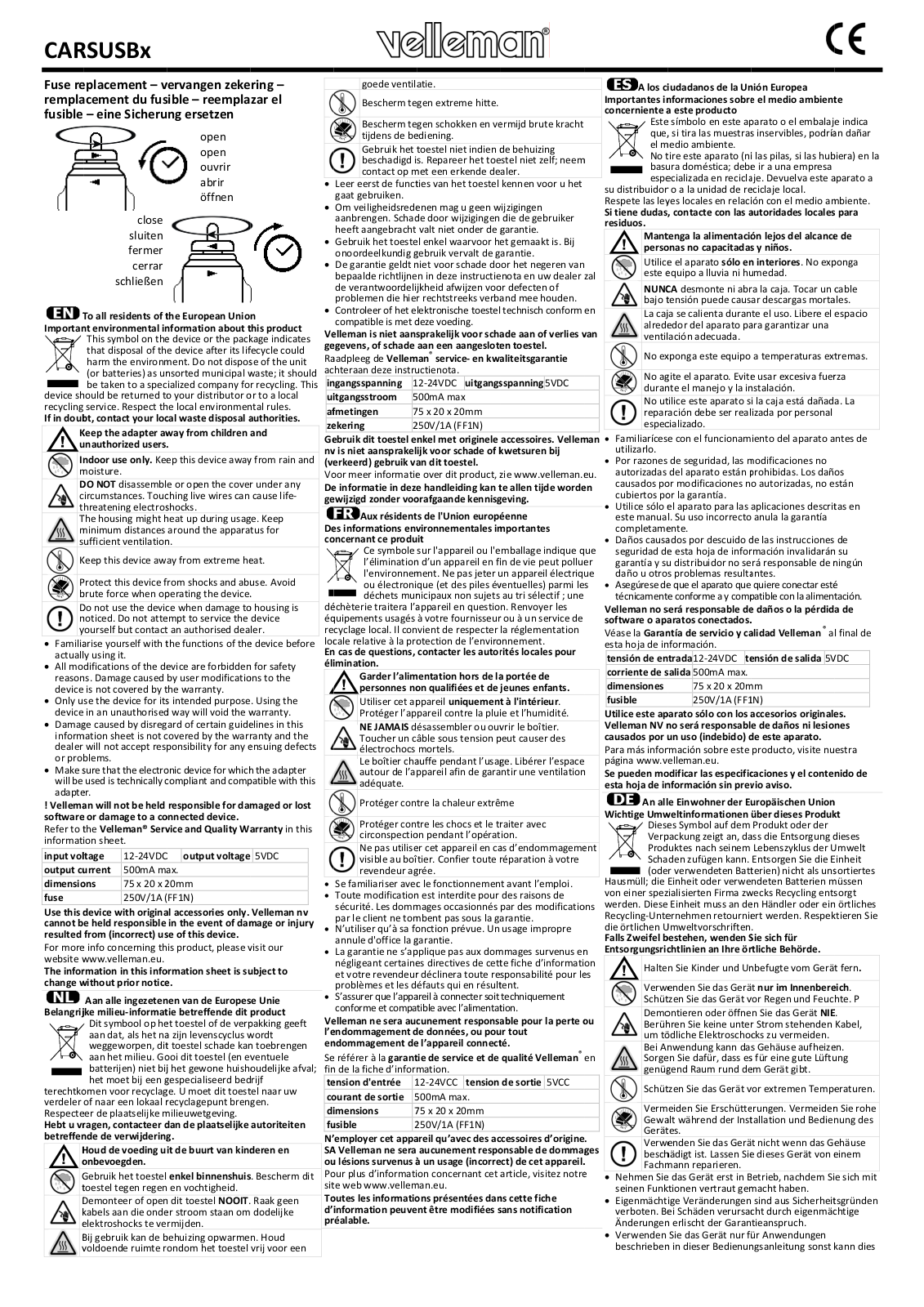 Velleman CARSUSBx User Manual