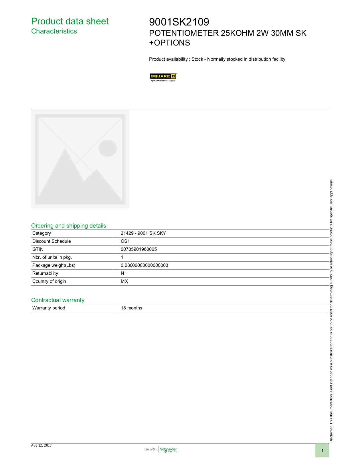 Square D 9001SK2109 Data Sheet