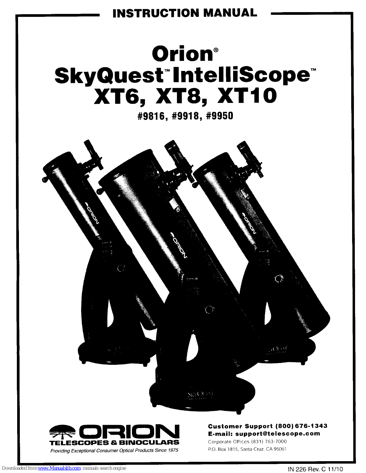 ORION TELESCOPES & BINOCULARS SkyQuest IntelliScope XT6, SkyQuest IntelliScope XT8, SkyQuest IntelliScope XT10 Instruction Manual