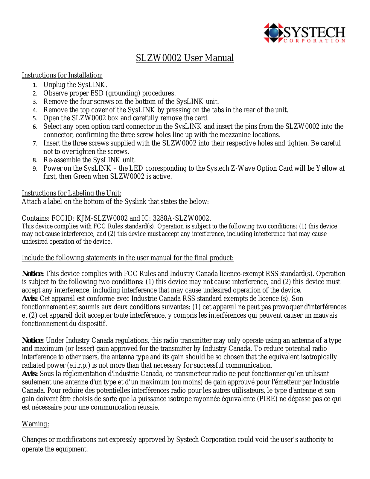 Systech SLZW0002 User Manual