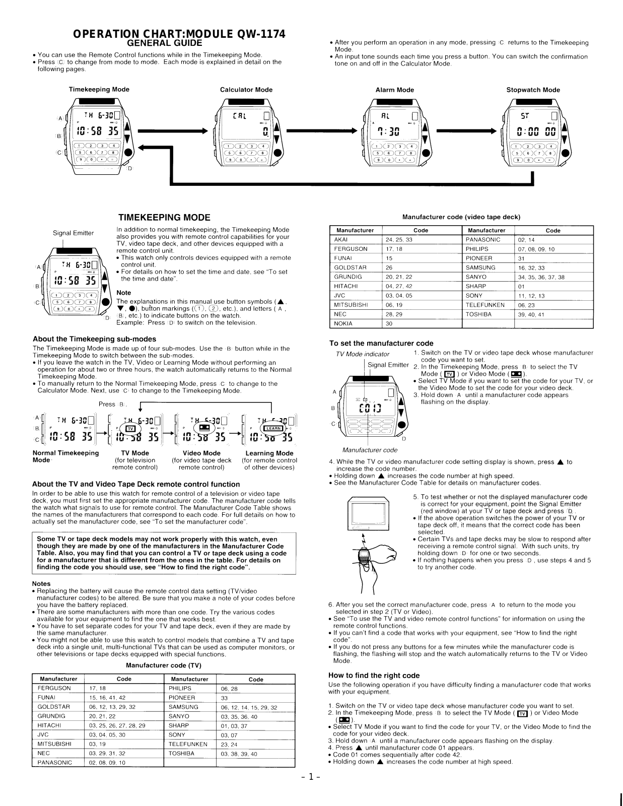 CASIO QW-1174 User Manual