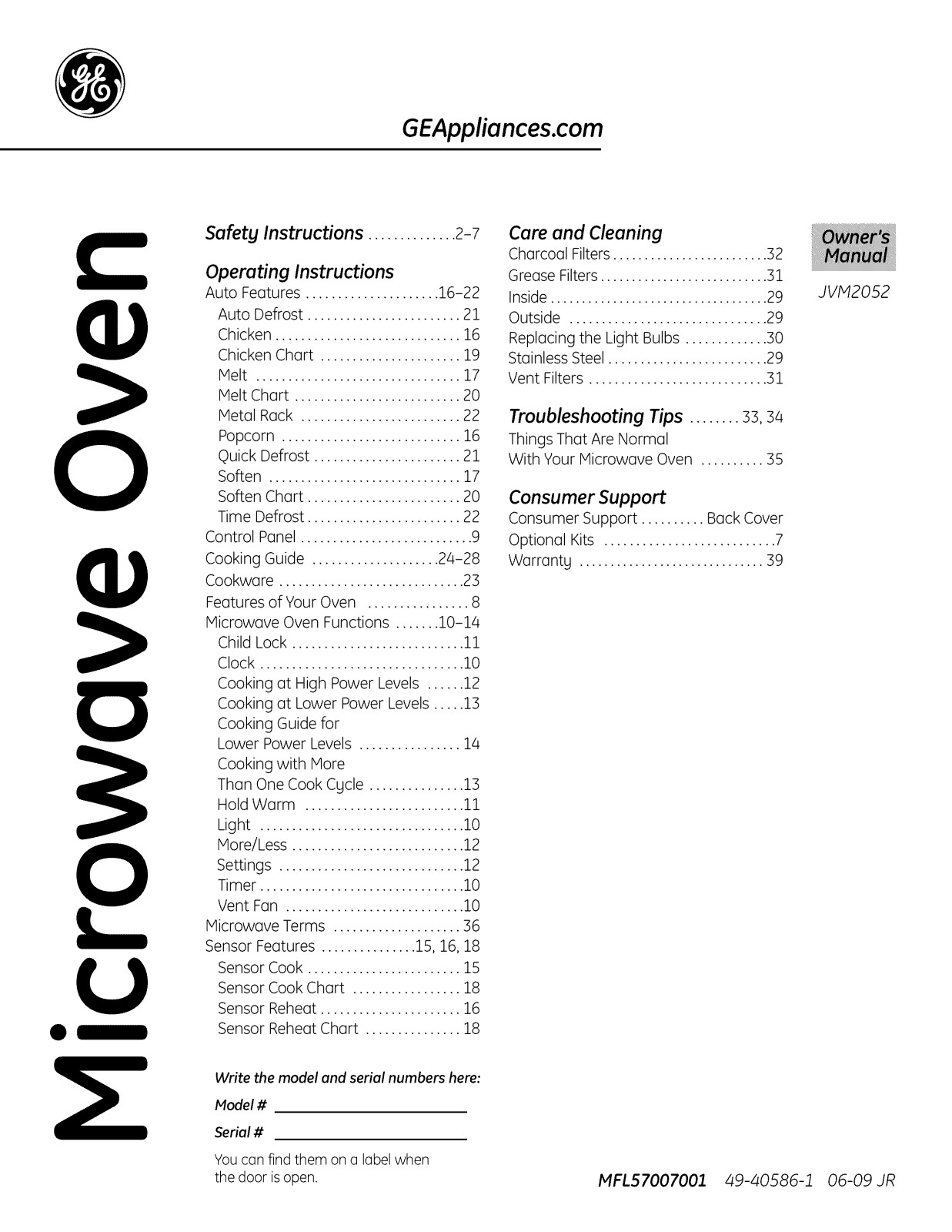 GE JVM2052SN2SS, JVM2052DN2WW, JVM2052DN2BB Owner’s Manual