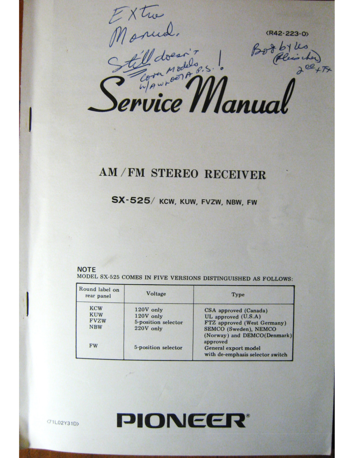 PIONEER sx 525 Service Manual