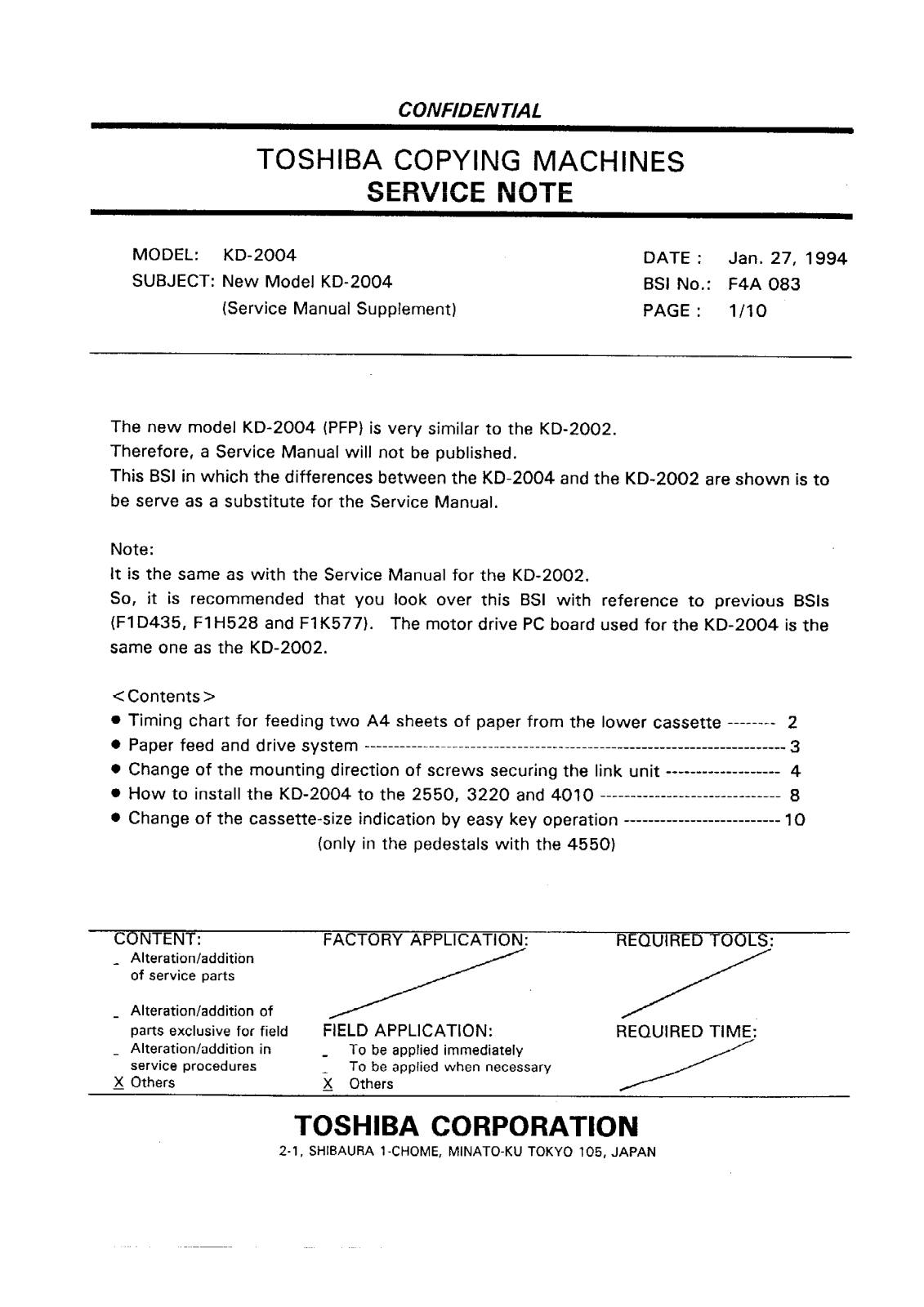 Toshiba f4a083 Service Note