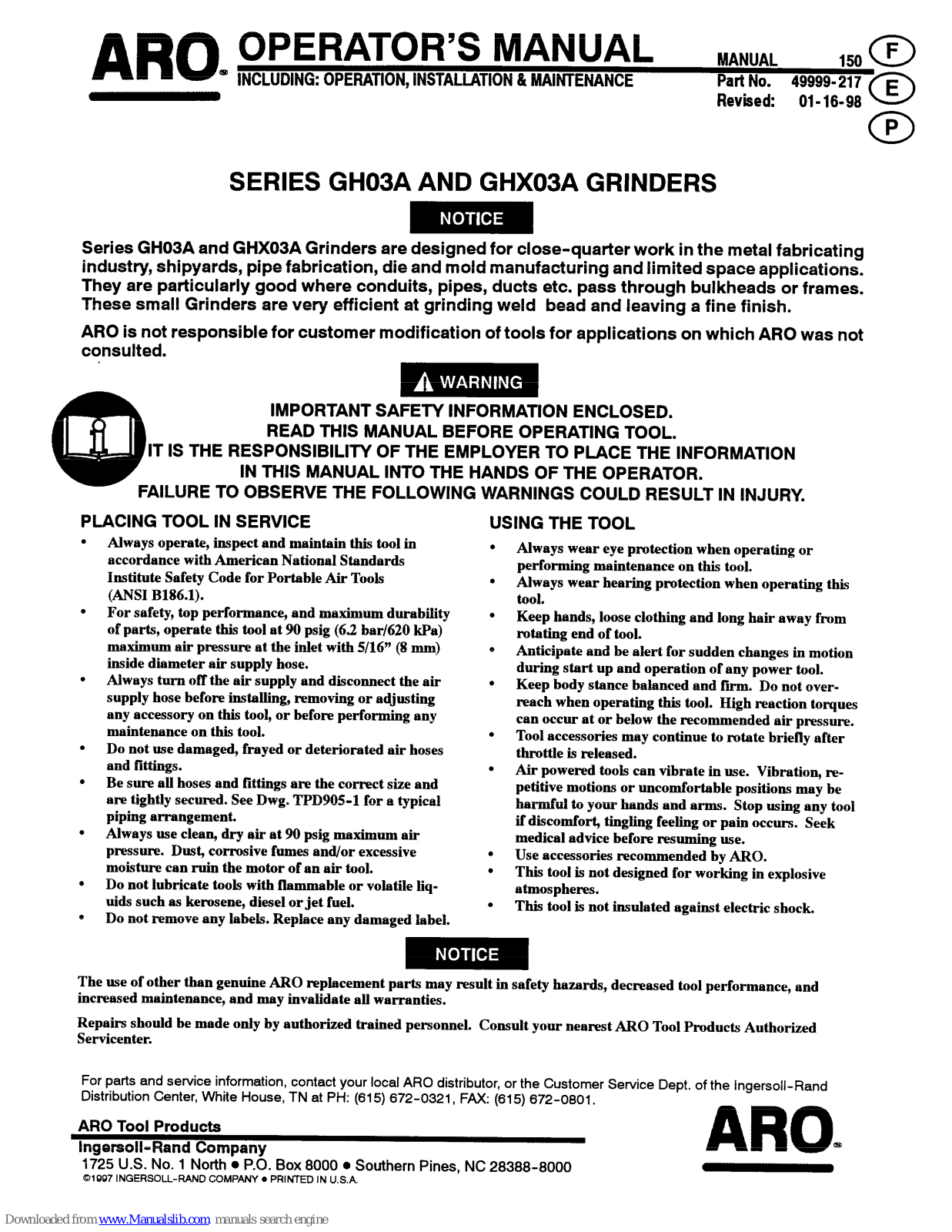 ARO GH03A-30RC-2, GHX03A, GH03A-25RC-2, GH03A-20RC-2, GHX03A-30RC-2 Operator's Manual - ManualMachine.com