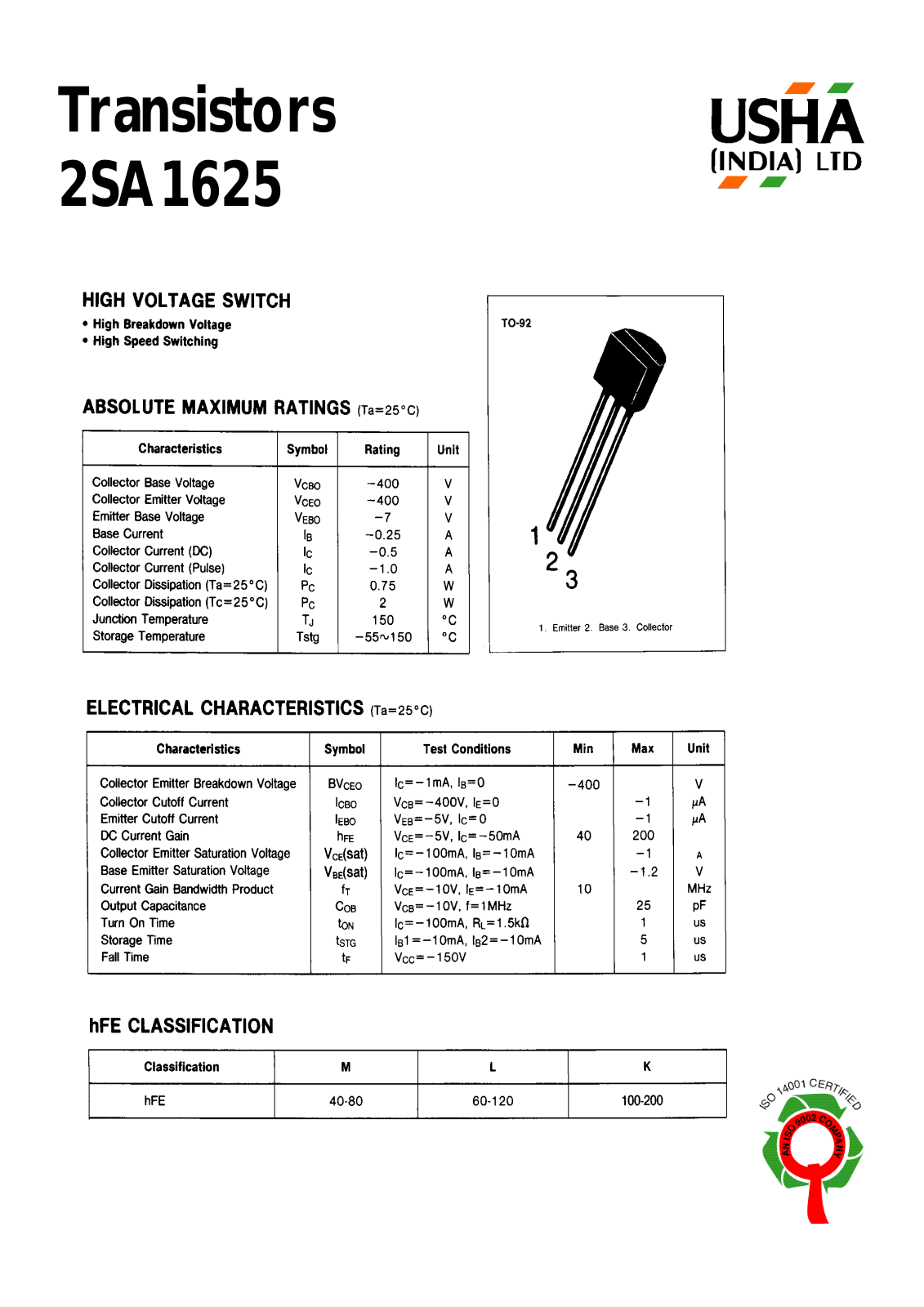 USHA 2SA1625 Datasheet