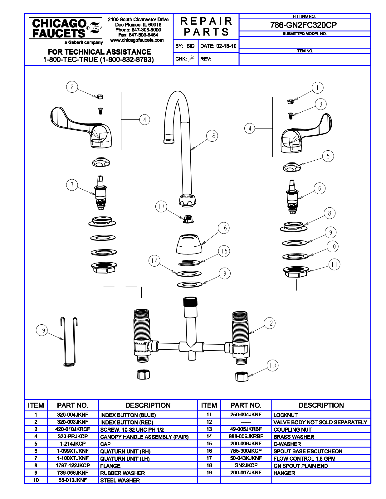 Chicago Faucet 786-GN2FC320CP Parts List