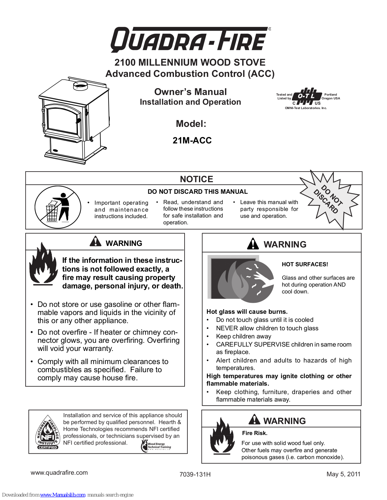 Quadra-Fire 2100 MILLENNIUM Owner's Manual