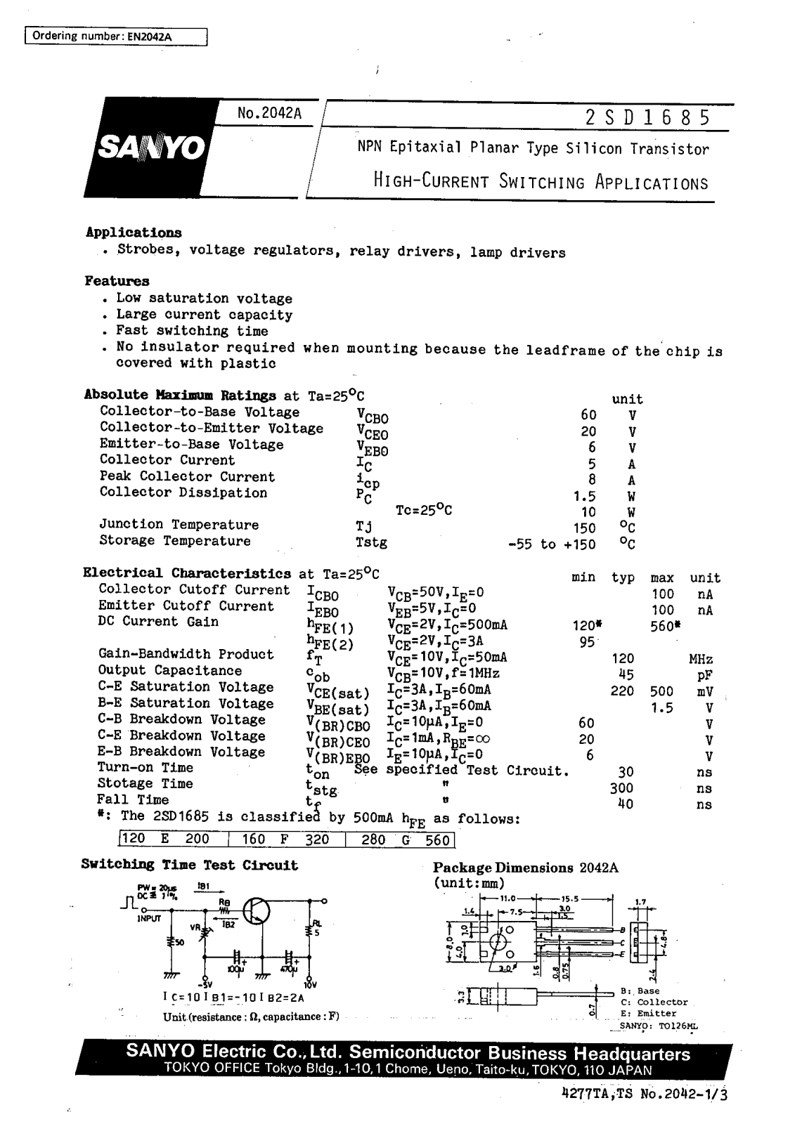 SANYO 2SD1685 Datasheet