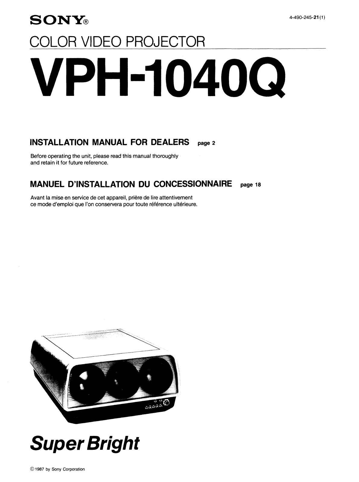 Sony VPY-1040Q Installation Manual