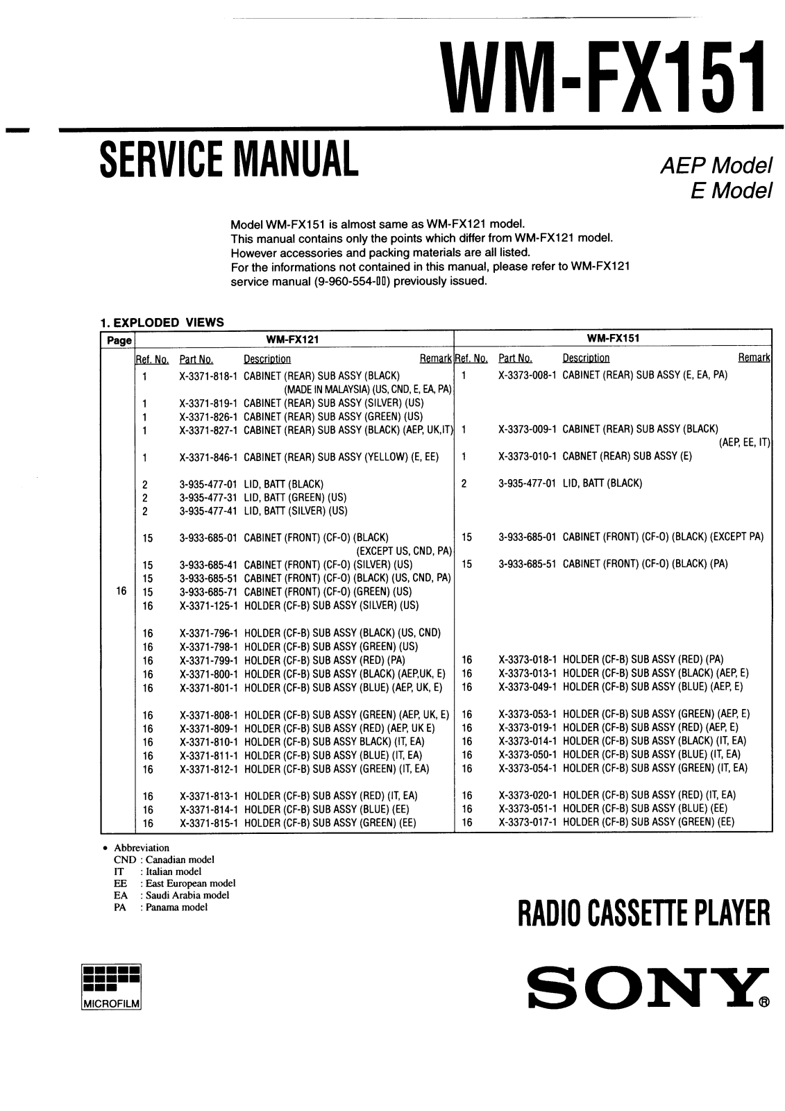 Sony WMFX-151 Service manual