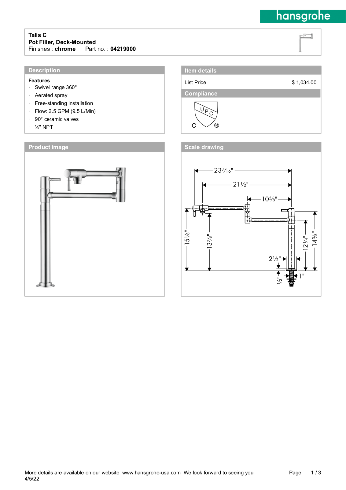 Hansgrohe HAN2802 Specifications - ManualMachine.com