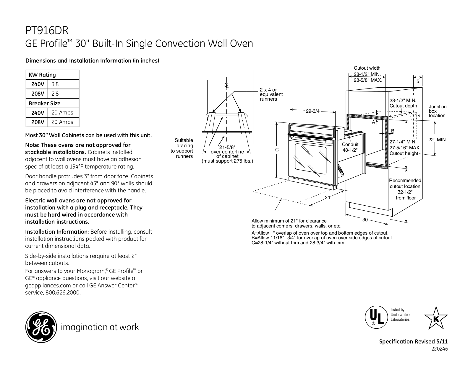 GE PT916DR Specification