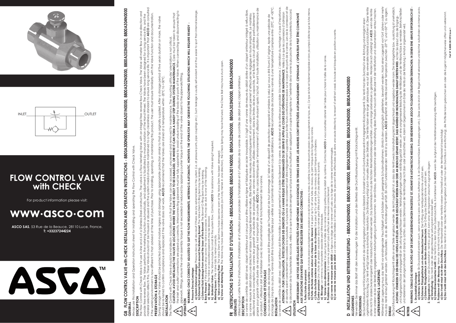 ASCO Installationsanleitung: Accessories Flow Controls and valves flow control with check valves 800 IM 1.1500.00.0039.1 Manuals & Guides