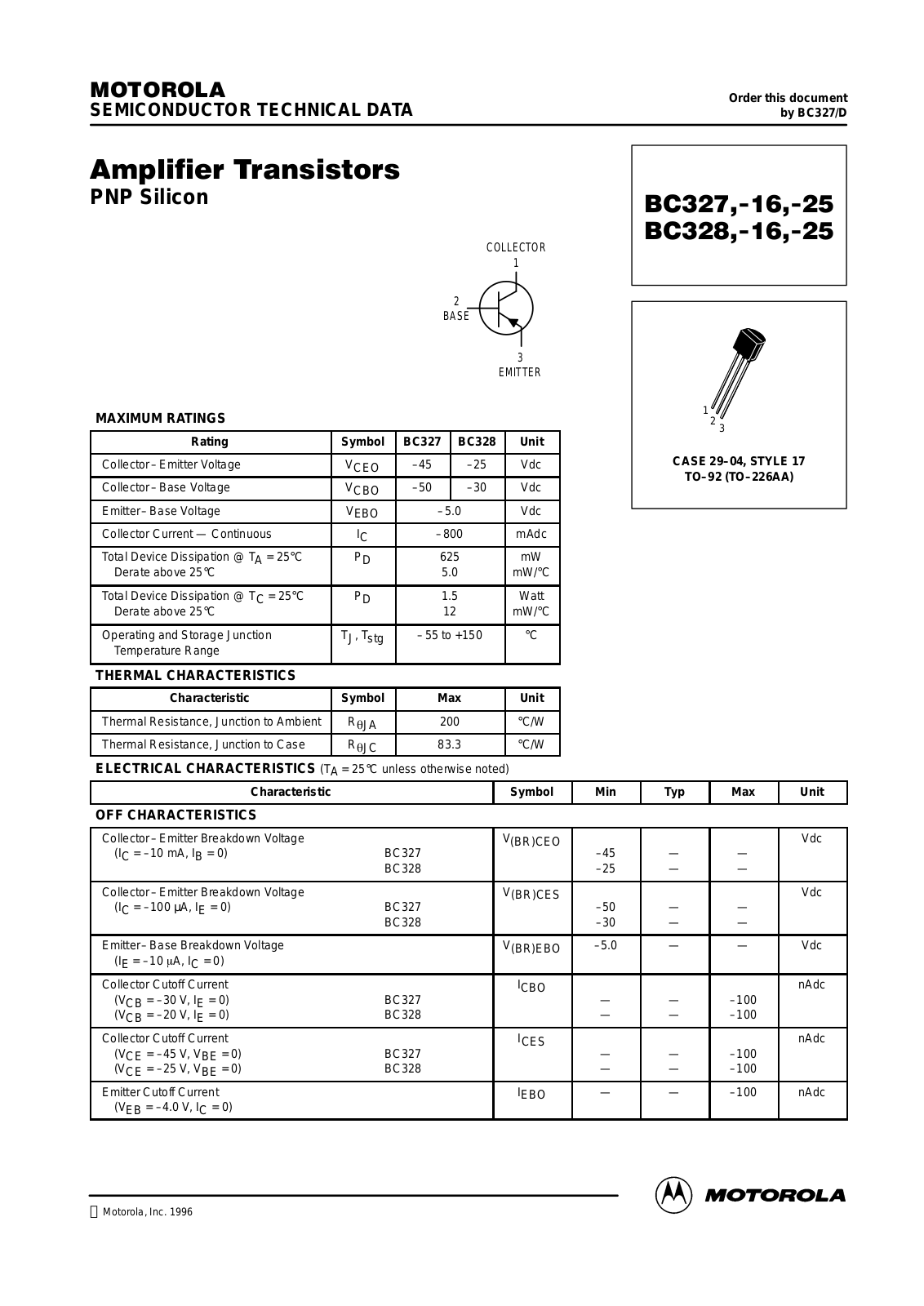 ON Semiconductor BC327-25ZL1, BC327-25RL1, BC327ZL1, BC327RL1, BC327-16ZL1 Datasheet