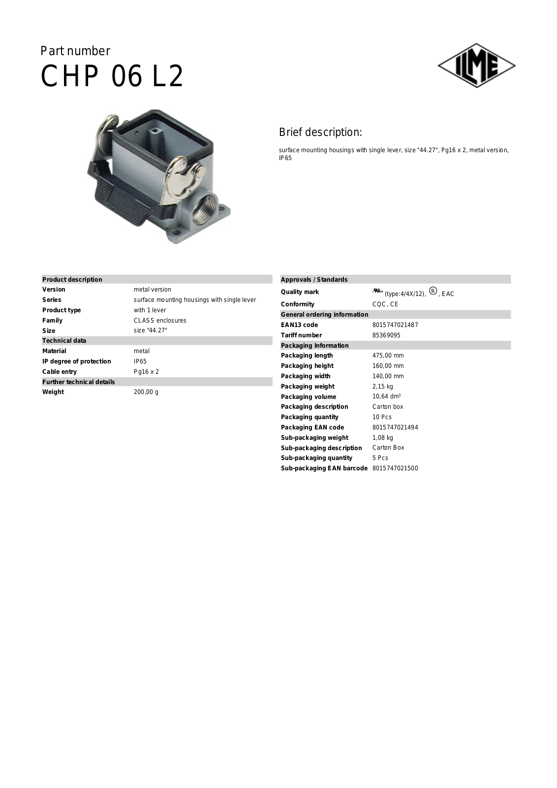 Datasheet CHP-06L2 Datasheet (ILME) - ManualMachine.com